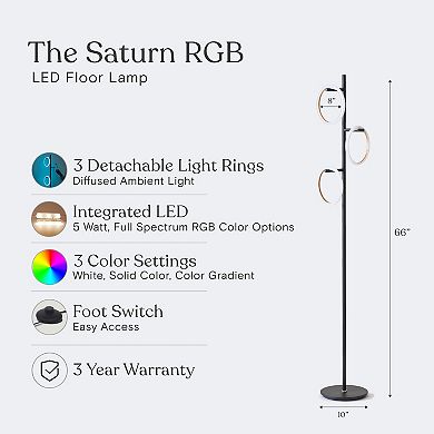 Saturn LED Floor Lamp With RGB Color Changing Detachable Light Rings - Black
