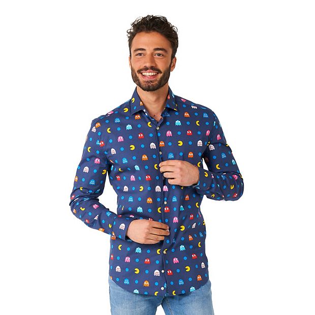 OppoSuits Men's Pixel Pac-Man Long Sleeve Shirt, Blue, XS, Cotton