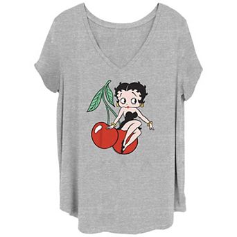 Juniors' Plus Size Betty Boop Sitting On A Cherry V-Neck Graphic Tee