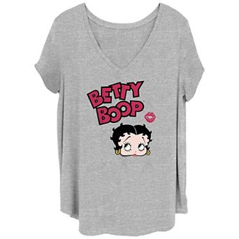 Juniors' Plus Size Betty Boop Logo Kiss Mark V-Neck Graphic Tee