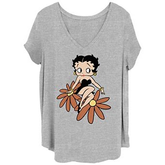 Juniors' Plus Size Betty Boop Sitting On Flowers V-Neck Graphic Tee