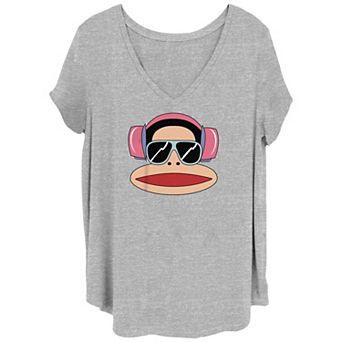 Juniors' Plus Size Paul Frank Julius The Monkey Headphones V-Neck Graphic Tee