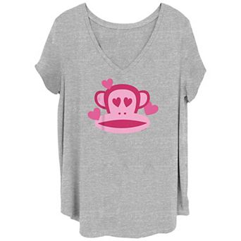 Juniors' Plus Size Paul Frank Julius The Monkey Pink Hearts V-Neck Graphic Tee