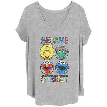 Juniors' Plus Size Sesame Street Cast Faces V-Neck Graphic Tee