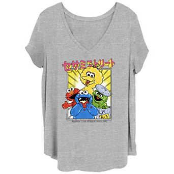 Juniors' Plus Size Sesame Street Kanji Keepin' The Streets Smiling V-Neck Graphic Tee