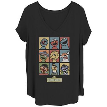 Juniors' Plus Size Sesame Street Puppets Grid Poster V-Neck Graphic Tee