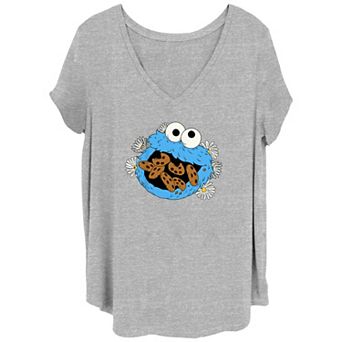 Juniors' Plus Size Sesame Street Cookie Monster Flowers V-Neck Graphic Tee
