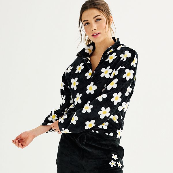 Juniors' 1/4 Zip Daisy Cropped Pullover