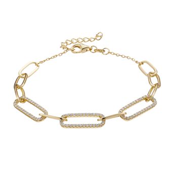 14k Gold Over Silver & Cubic Zirconia Oval Cable Link Adjustable Bracelet