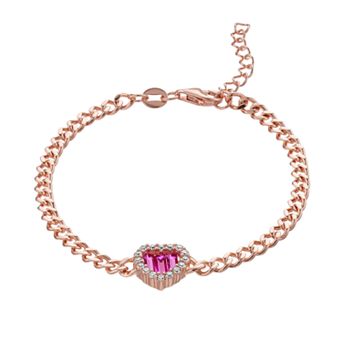 18k Rose Gold Over Silver Red & White Cubic Zirconia Heart Adjustable Tennis Bracelet