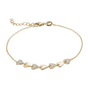 14k Gold Over Silver & Cubic Zirconia Pave Heart Stampato Link Adjustable Bracelet