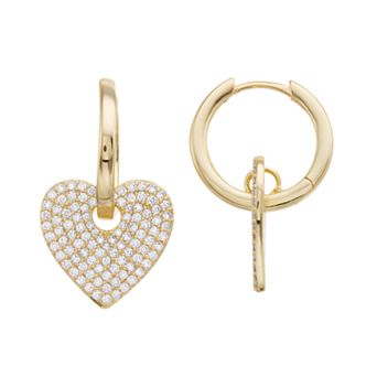 Sterling Silver 14k Gold Plated Cubic Zirconia Heart Drop Earrings