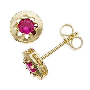 Sterling Silver 14k Gold Plated Red Cubic Zirconia Round Solitaire Bezel Stud Earrings