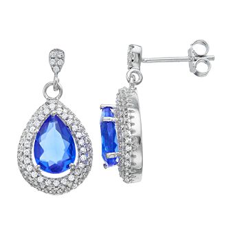 Sterling Silver Blue & White Cubic Zirconia Halo Teardrop Drop Earrings