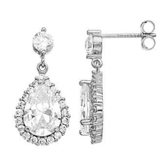 Sterling Silver Cubic Zirconia Halo Teardrop Earrings