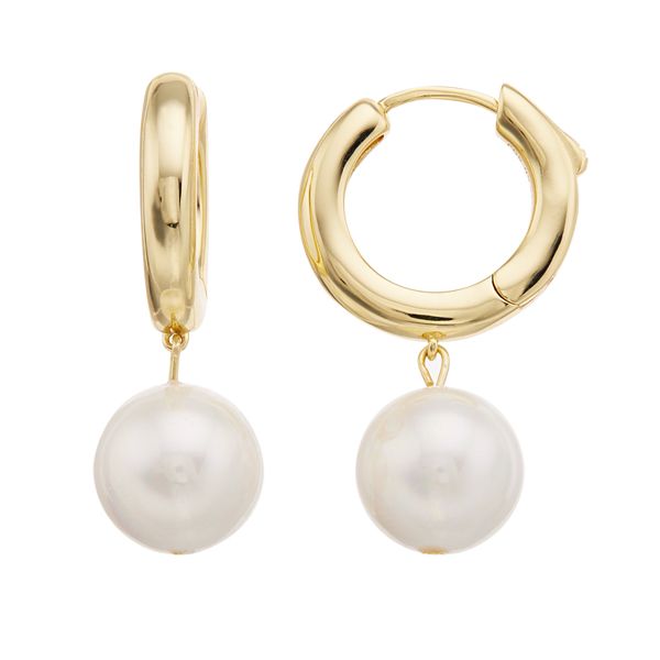 14k Gold Over Silver Freshwater Cultured Pearl Huggie Hoop Drop Earrings