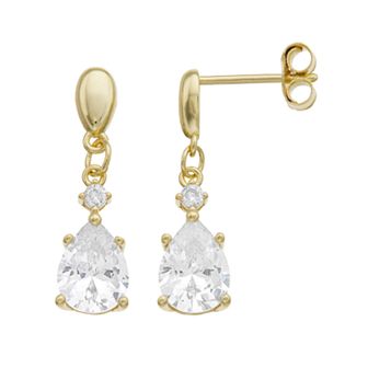 14k Gold Over Silver & Cubic Zirconia Teardrop 2-Stone Dangle Earrings