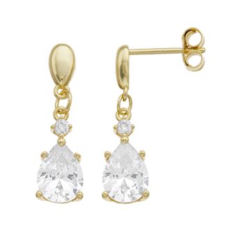 14k Gold Over Silver & Cubic Zirconia Teardrop 2-Stone Dangle Earrings