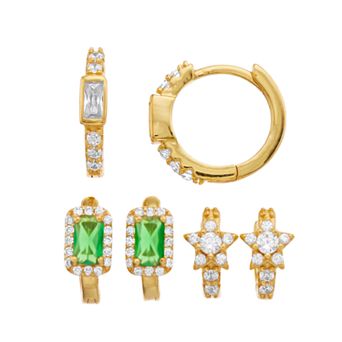 14k Gold Over Silver Green & White Cubic Zirconia Halo Star 3-Pair Hoop Earring Set
