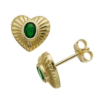 14k Gold Over Silver Green Cubic Zirconia Sunray Heart Stud Earrings
