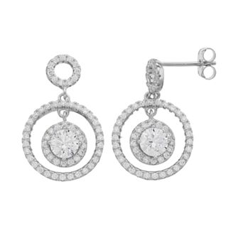 Sterling Silver Three Halo Round Cubic Zirconia Drop Earrings