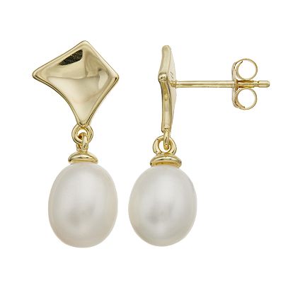 Sterling Silver 14k Yellow Gold Plated Pearl Drop Retro Dangle Earrings