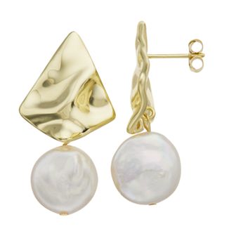 14k Gold-Plated Silver with Cultured Freshwater Pearl Rippled 3D Double Dangle Earrings