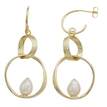 14k Gold-Plated Silver with Baroque Cultured Freshwater Pearl Double Drop Half-Hoop Earrings
