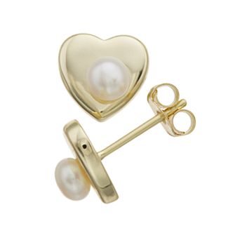 14k Gold Over Sterling Silver Freshwater Cultured Pearl Heart Stud Earrings