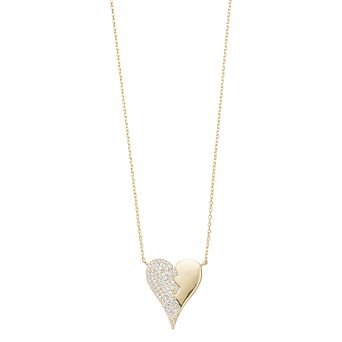 14k Yellow Gold Plated with Cubic Zirconia Cracked Zig-Zag Half & Half Stolen Heart Pendant Necklace