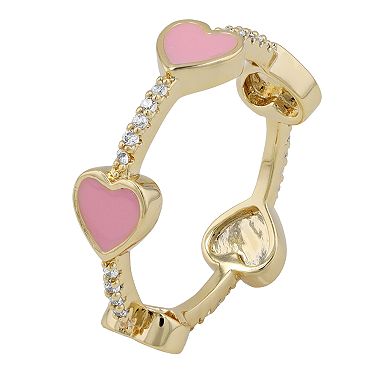 14k Gold Over Silver Cubic Zirconia Enamel Heart Stacking Ring