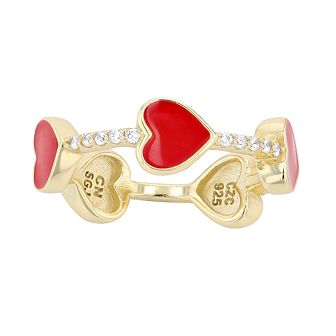 14k Gold Over Silver Cubic Zirconia Enamel Heart Stacking Ring
