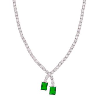 Sterling Silver Cubic Zirconia Double-Stone Drop Tennis Necklace