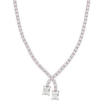Sterling Silver Cubic Zirconia Double-Stone Drop Tennis Necklace
