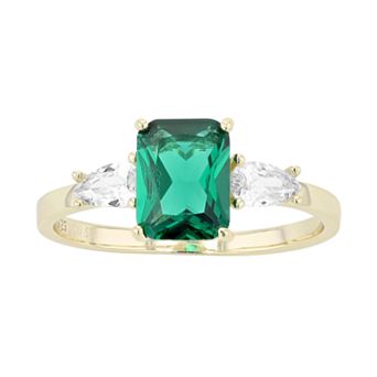 14k Gold Over Silver Green & White Cubic Zirconia 3-Stone Ring