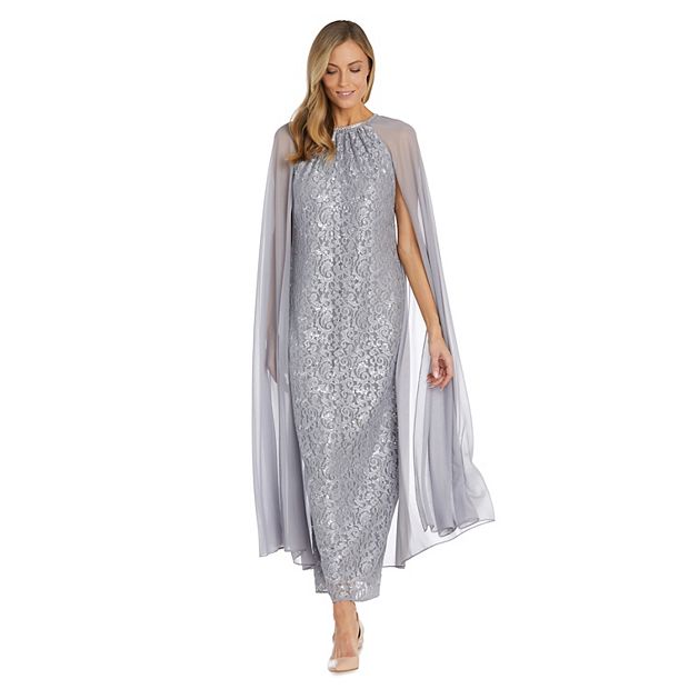 Women's R&M Richards Long Sequin Lace Chiffon Cape Gown