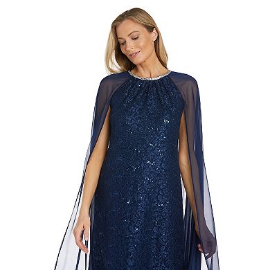 Women's R&M Richards Long Sequin Lace Chiffon Cape Gown