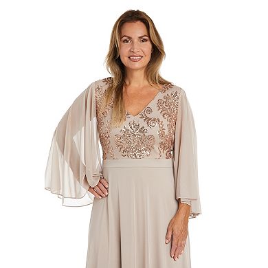 Women's R&M Richards Embroidered Sequin Bodice Dress with Cape Sleeves