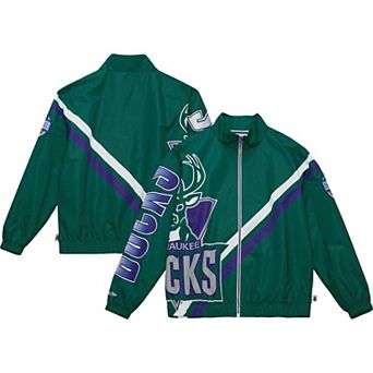 Men's Mitchell & Ness Hunter Green Milwaukee Bucks Exploded Logo Warm-Up Full-Zip Jacket