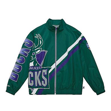 Men's Mitchell & Ness Hunter Green Milwaukee Bucks Exploded Logo Warm-Up Full-Zip Jacket