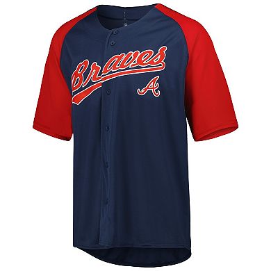 Men's Stitches Navy Atlanta Braves Button-Down Raglan Fashion Jersey