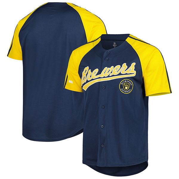 Men's Stitches Navy Milwaukee Brewers Button-Down Raglan Fashion Jersey Size: Large