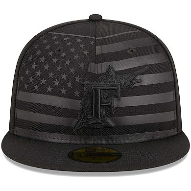 Men's New Era Black Florida Marlins Cooperstown Collection Tonal Flag 59FIFTY Fitted Hat