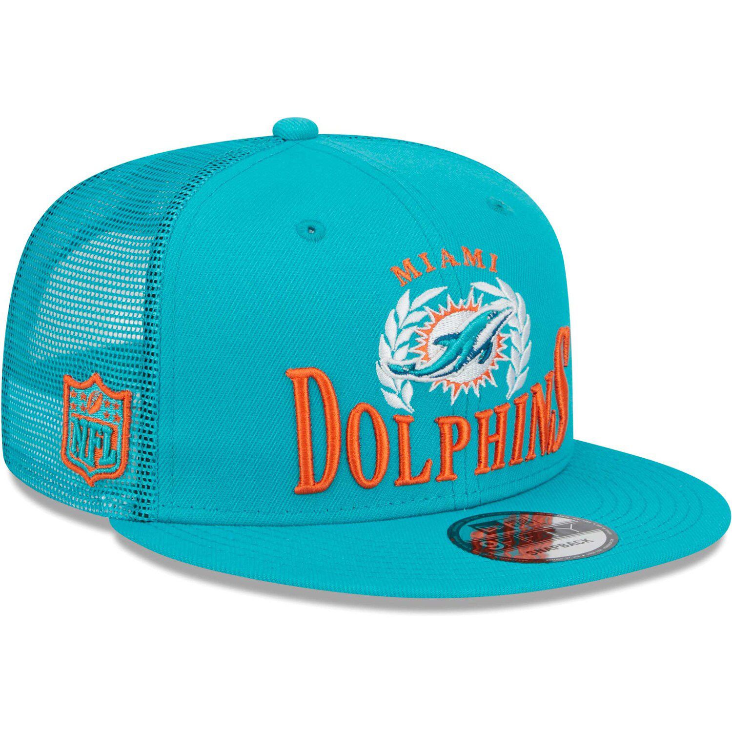 Men's New Era Khaki/White Miami Dolphins Happy Camper A-Frame Trucker 9FORTY Snapback Hat