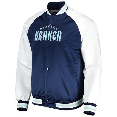 Men's Mitchell & Ness Deep Sea Blue/White Seattle Kraken Primetime Raglan Satin Full-Snap Jacket
