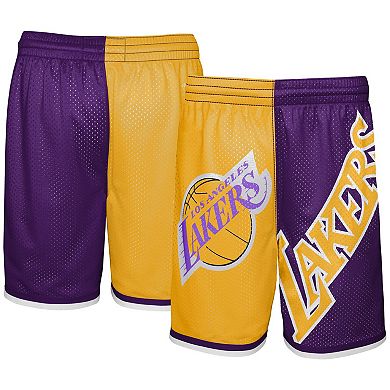 Youth Mitchell & Ness Gold/Purple Los Angeles Lakers Hardwood Classics Big Face 5.0 Shorts
