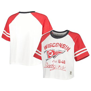 Women's Pressbox White Wisconsin Badgers Melange Beaumont Cropped Raglan T-Shirt