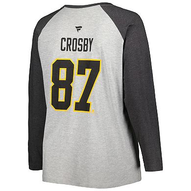 Women's Fanatics Branded Sidney Crosby Heather Gray/Heather Charcoal Pittsburgh Penguins Plus Size Name & Number Raglan Long Sleeve T-Shirt
