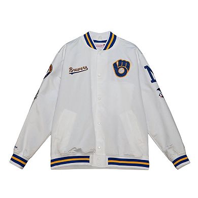 Men's Mitchell & Ness White Milwaukee Brewers City Collection Satin Full-Snap Varsity Jacket