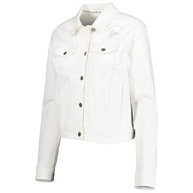 Women's Lusso White Golden State Warriors Swarovski Crystal & Distressed Button-Up Denim Jacket